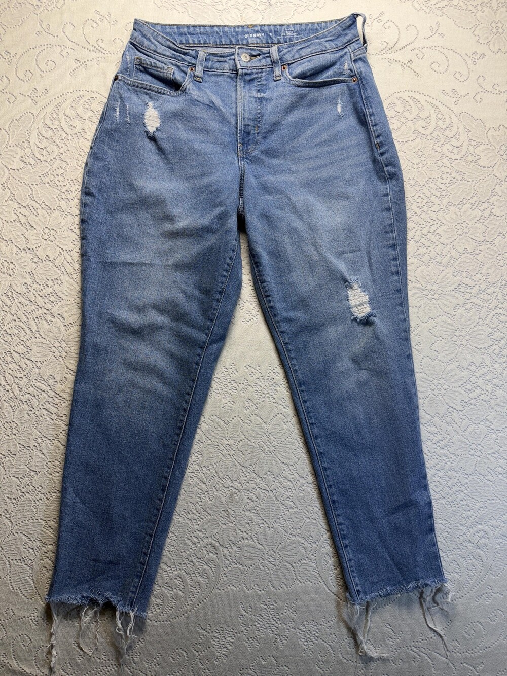 Old Navy Curvy O.G. Straight Jeans Womens 6 Blue High Rise Distressed Denim